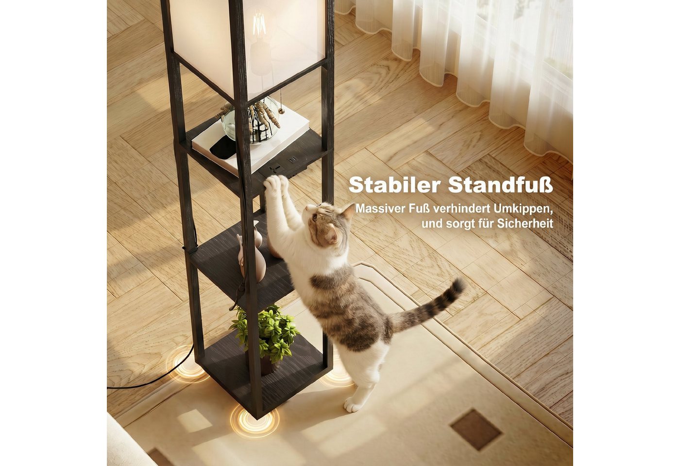 HOMCOM Stehlampe Standleuchte mit Regalen, Wohnzimmer Stehleuchte mit E27 Fassung, Dimmfunktion, mehrere Helligkeitsstufen, Ein-,Ausschalter, Ladefunktion, LED wechselbar, Neutralweiß, 2-in-1 Stehlampe mit Ablagen, dimmbar Bild 4