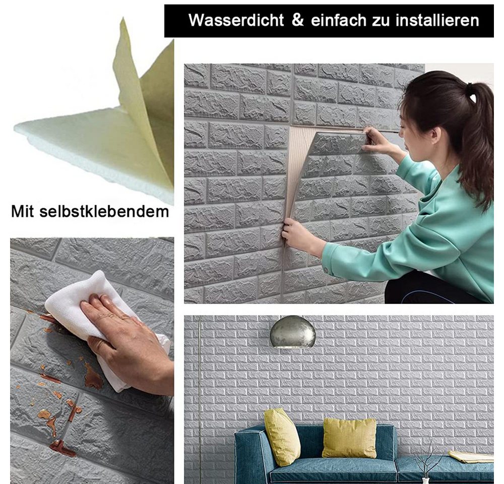 AFKSMILE 3D-Tapete 3D Wandpaneele Selbstklebend Ziegel, Steinoptik Tapete Wasserdicht, 10 Stück 38 * 35CM,DIY Wandtapete,Geeignet für Schlafzimmer,Wohnzimmer Bild 3