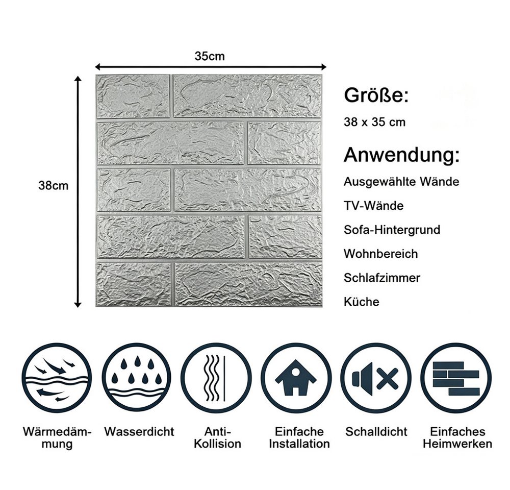 AFKSMILE 3D-Tapete 3D Wandpaneele Selbstklebend Ziegel, Steinoptik Tapete Wasserdicht, 10 Stück 38 * 35CM,DIY Wandtapete,Geeignet für Schlafzimmer,Wohnzimmer Bild 5