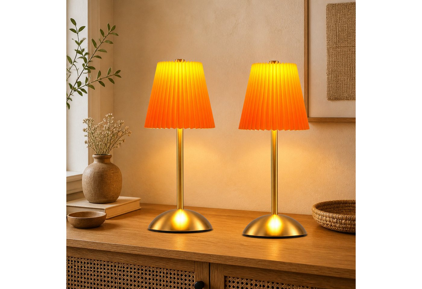 Nettlife LED Tischleuchte 2er Stoff Schwarz/Grün/Weiß/Orange/Graublau Nachttischleuchte, 3 Lichtfarben Akku-Betrieb USB-ladbar, Schlafzimmer Wohnzimmer Arbeitszimmer Büros Eingangsbereiche