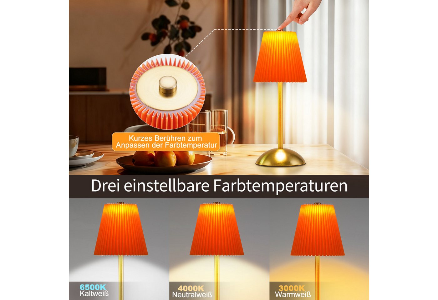 Nettlife LED Tischleuchte 2er Stoff Schwarz/Grün/Weiß/Orange/Graublau Nachttischleuchte, 3 Lichtfarben Akku-Betrieb USB-ladbar, Schlafzimmer Wohnzimmer Arbeitszimmer Büros Eingangsbereiche Bild 2