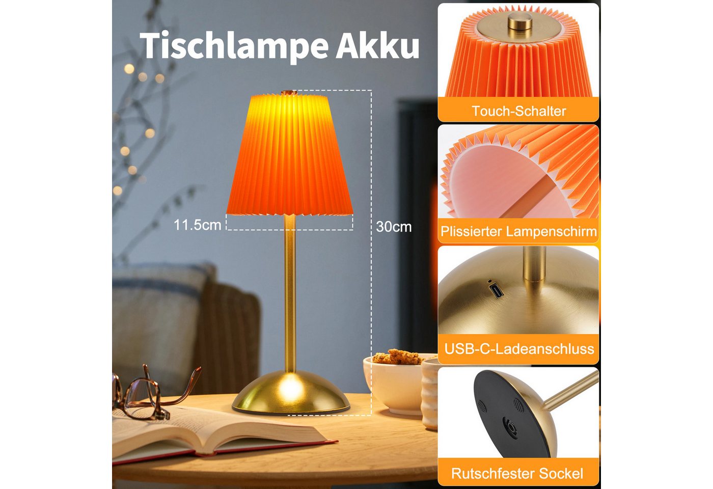 Nettlife LED Tischleuchte 2er Stoff Schwarz/Grün/Weiß/Orange/Graublau Nachttischleuchte, 3 Lichtfarben Akku-Betrieb USB-ladbar, Schlafzimmer Wohnzimmer Arbeitszimmer Büros Eingangsbereiche Bild 3