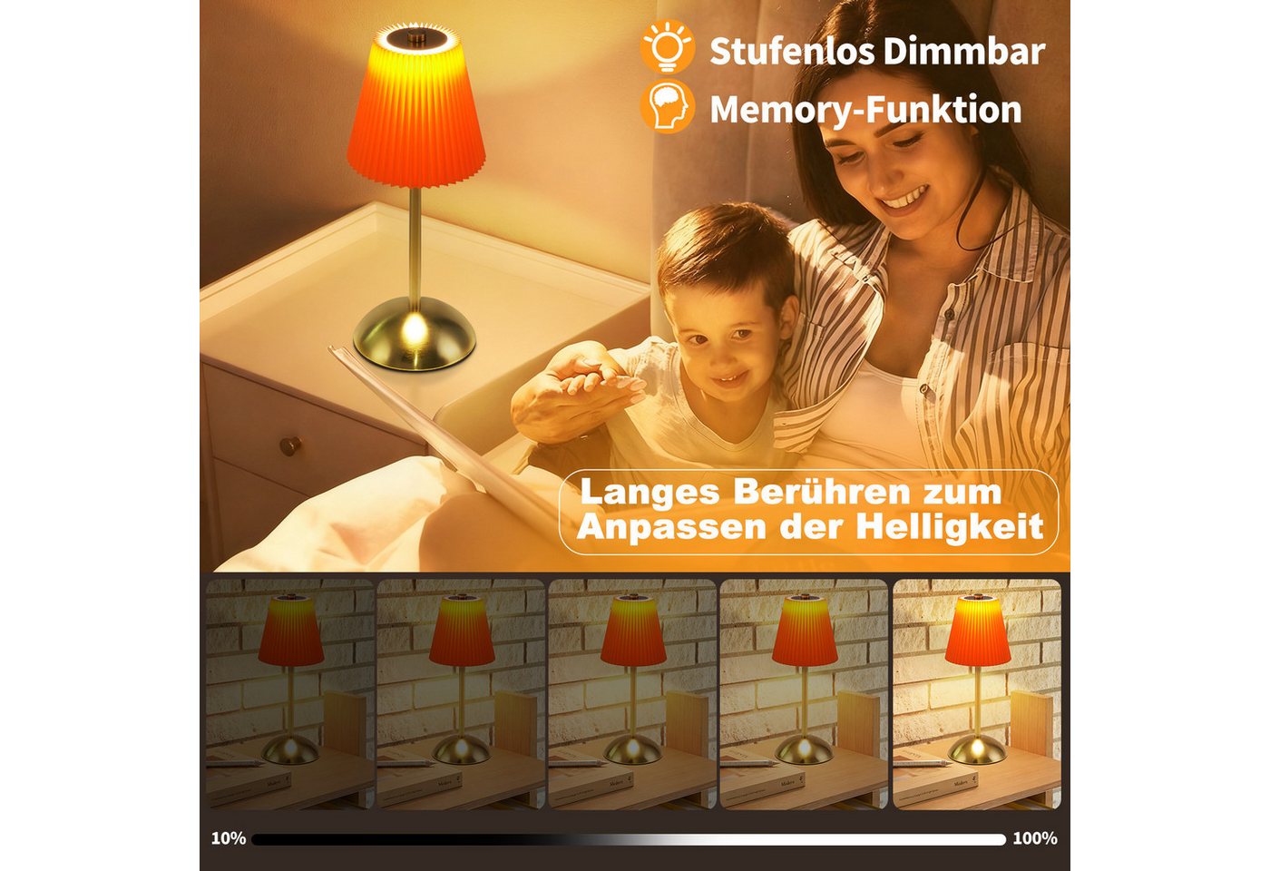 Nettlife LED Tischleuchte 2er Stoff Schwarz/Grün/Weiß/Orange/Graublau Nachttischleuchte, 3 Lichtfarben Akku-Betrieb USB-ladbar, Schlafzimmer Wohnzimmer Arbeitszimmer Büros Eingangsbereiche Bild 4