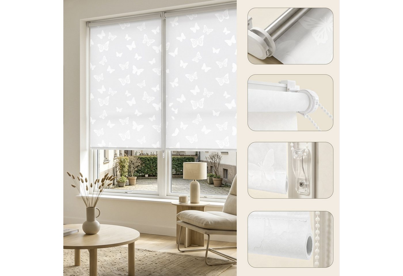 Rollo Seitenzugrollo mit dekorativem Muster Rollo Klemmfix ohne Bohren, Sekey, Klemmfix, Klemmfix, 4 Designs, stufenlos verstellbar, lichtdurchlässig oder verdunkelnd