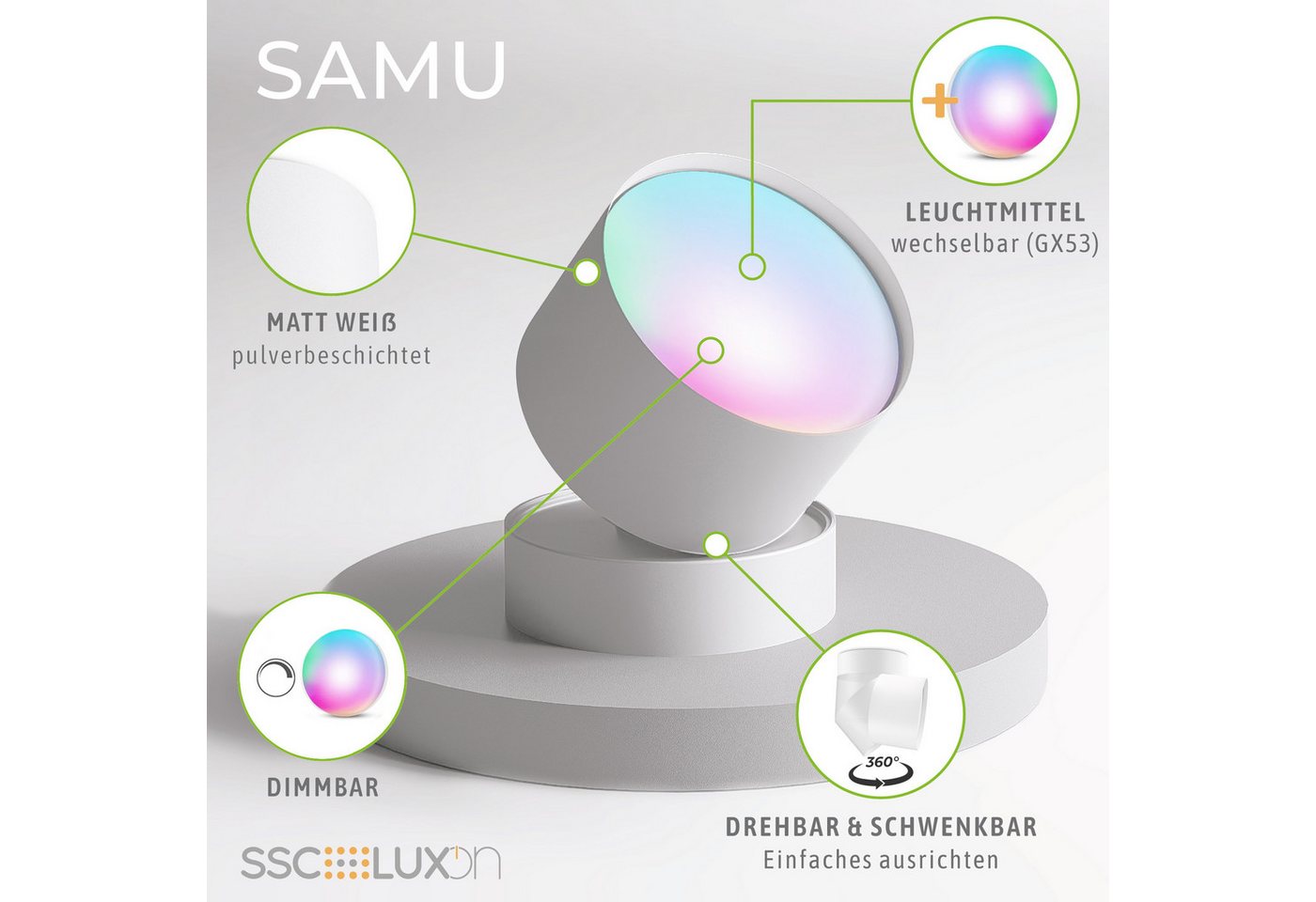 SSC-LUXon LED Aufbaustrahler Deckenlampe SAMU weiß mit Smart Home WiFi GX53 LED 6W RGBW, Smart