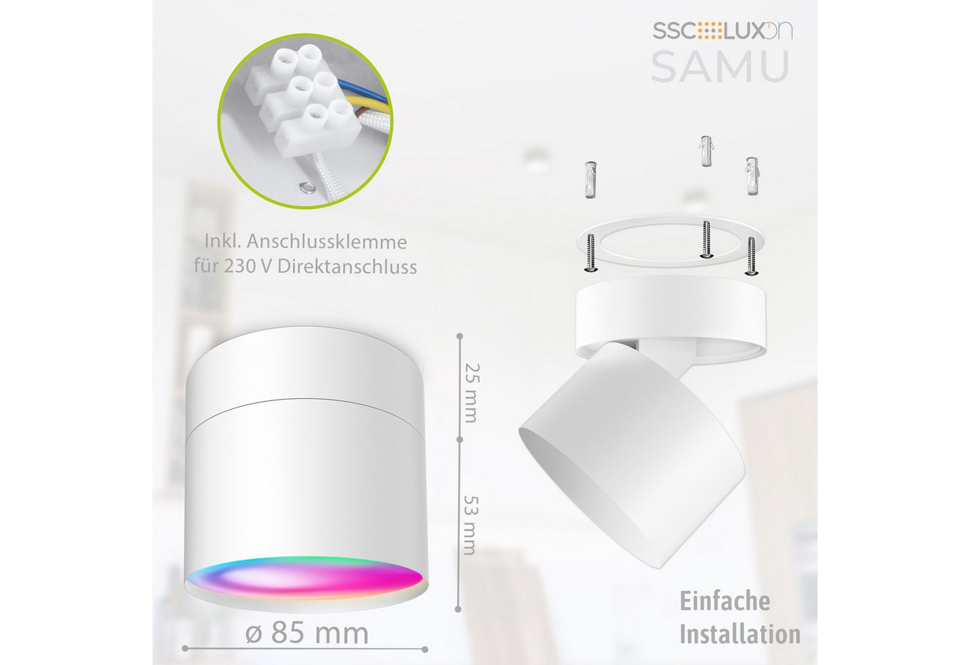 SSC-LUXon LED Aufbaustrahler Deckenlampe SAMU weiß mit Smart Home WiFi GX53 LED 6W RGBW, Smart Bild 4