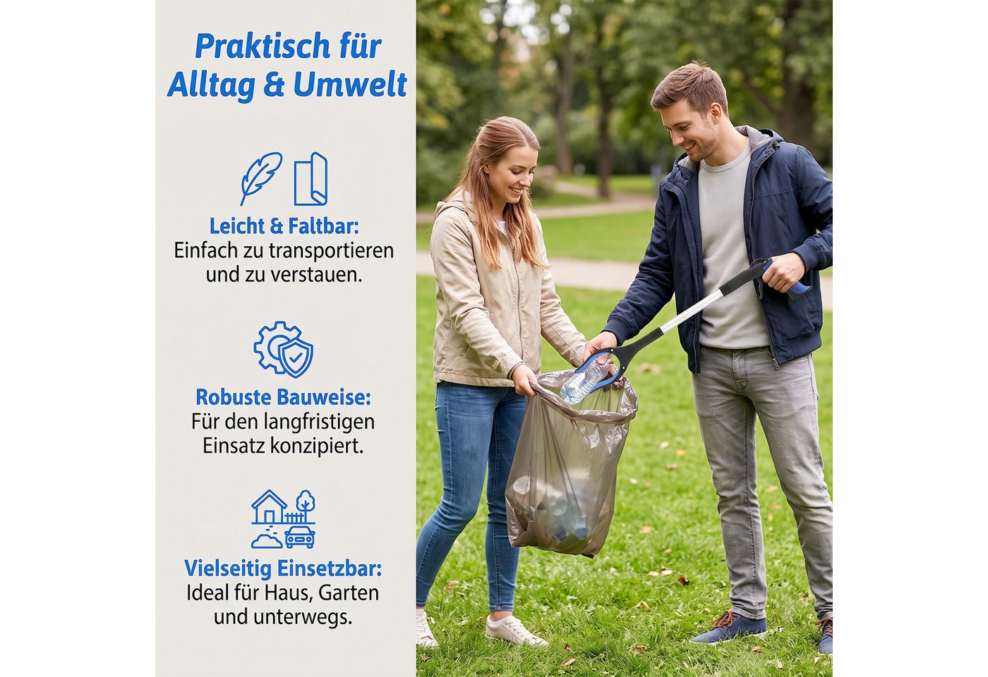 AKKEE Greifzange für Senioren Aluminium Faltbare Greifer mit Magnetspitzen, 2er-Set, 360°Drehbarer Kopf - Ergonomischer Griff für die Müllabfuhr