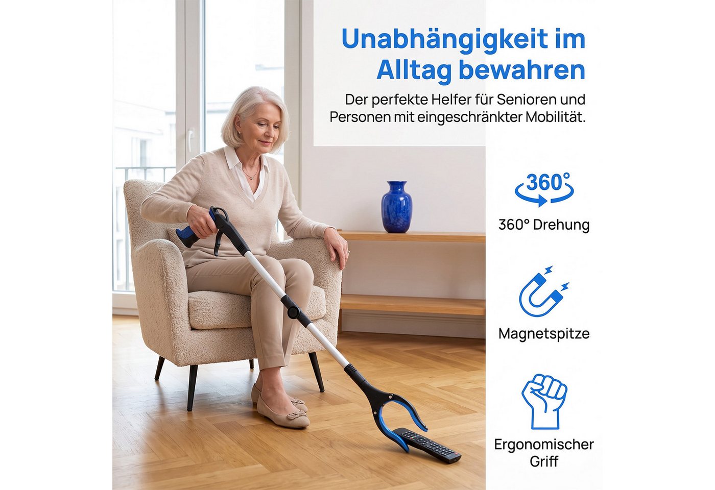 AKKEE Greifzange für Senioren Aluminium Faltbare Greifer mit Magnetspitzen, 2er-Set, 360°Drehbarer Kopf - Ergonomischer Griff für die Müllabfuhr Bild 3