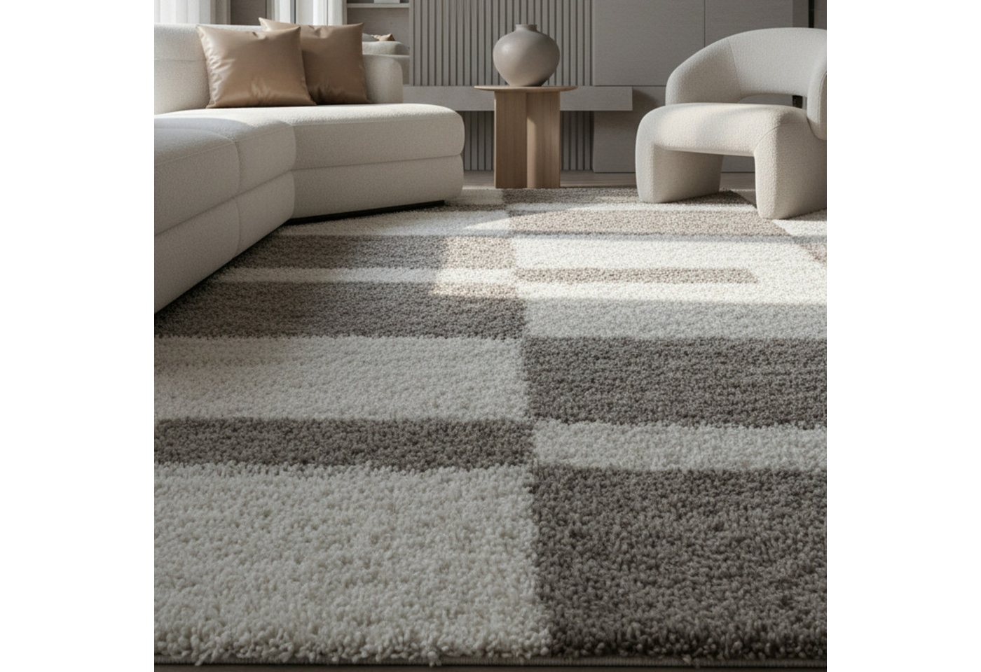 KADIMA DESIGN Teppich WERFEN Shaggy Langflor Wohnzimmer Schlafzimmer Waschbar Kariert, Läufer, Höhe: 32 mm, Beige, 60x110 cm, Wohnzimmerteppich Esszimmer Strapazierfähig Waschbar