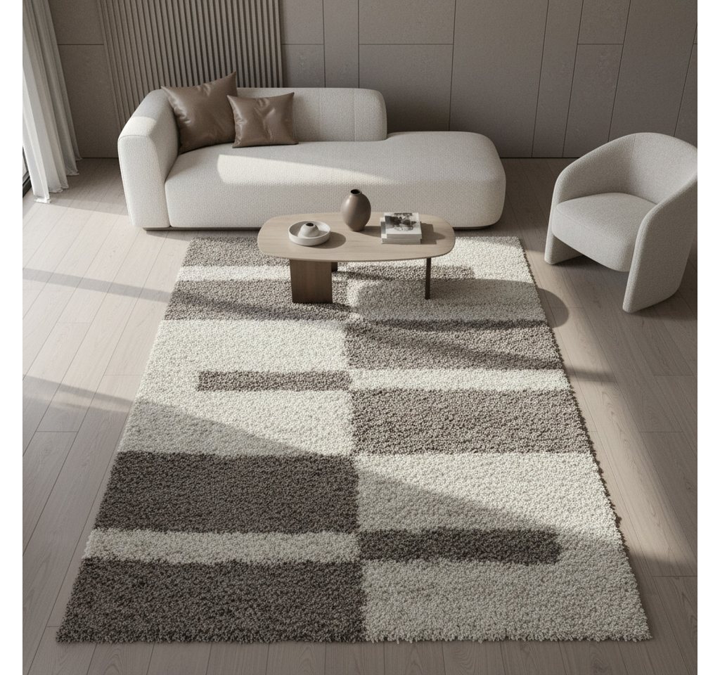 KADIMA DESIGN Teppich WERFEN Shaggy Langflor Wohnzimmer Schlafzimmer Waschbar Kariert, Läufer, Höhe: 32 mm, Beige, 60x110 cm, Wohnzimmerteppich Esszimmer Strapazierfähig Waschbar Bild 3