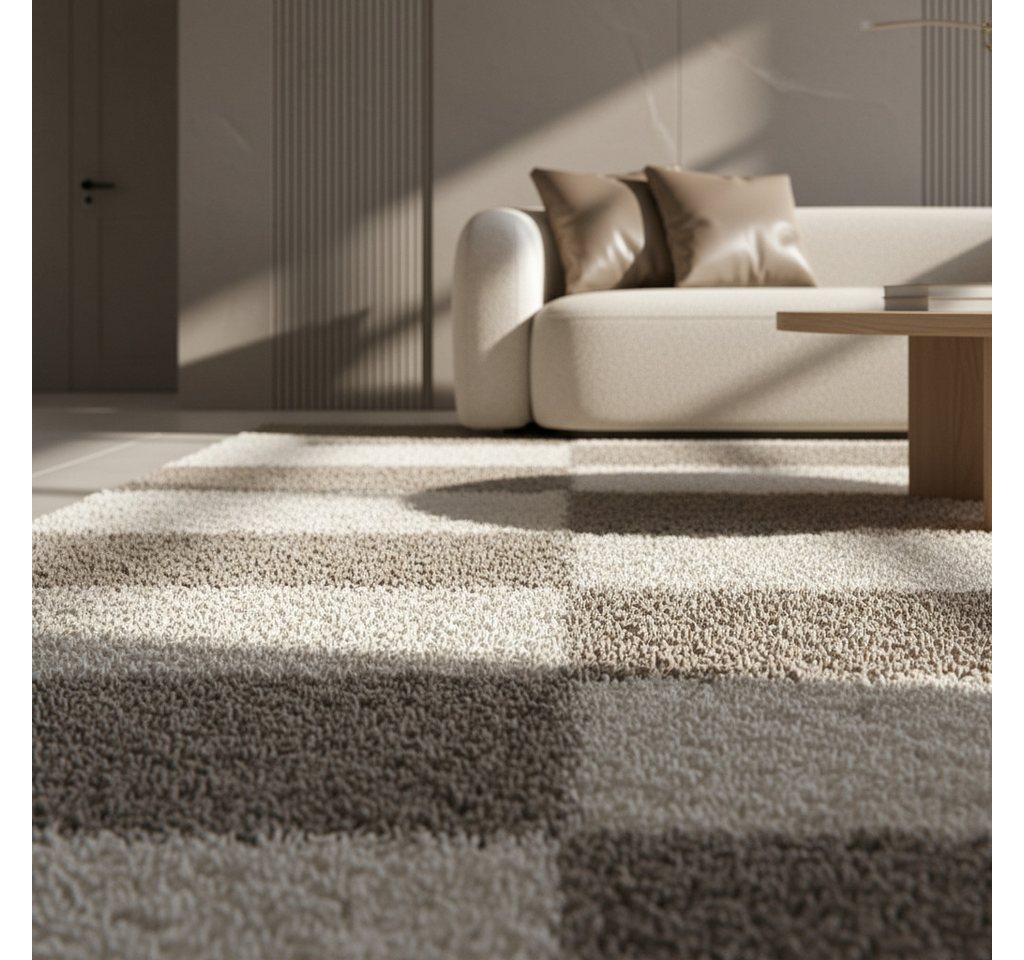 KADIMA DESIGN Teppich WERFEN Shaggy Langflor Wohnzimmer Schlafzimmer Waschbar Kariert, Läufer, Höhe: 32 mm, Beige, 60x110 cm, Wohnzimmerteppich Esszimmer Strapazierfähig Waschbar Bild 4