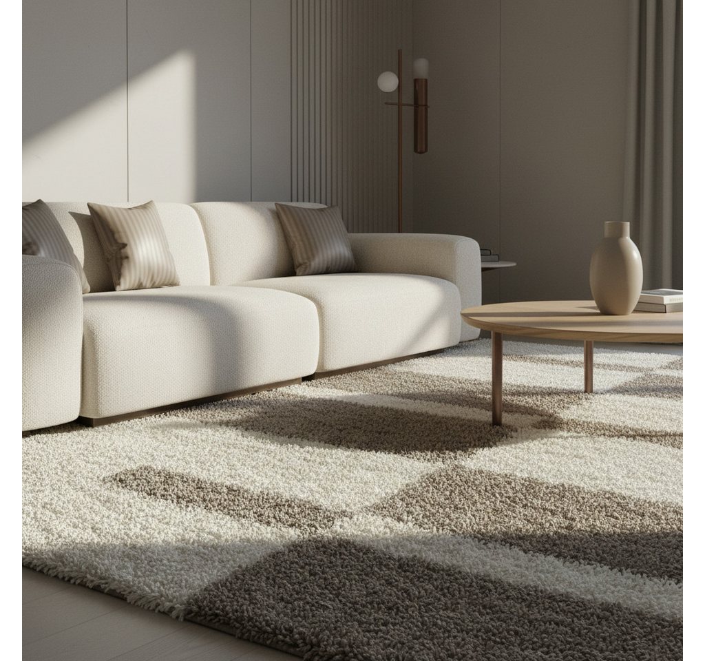 KADIMA DESIGN Teppich WERFEN Shaggy Langflor Wohnzimmer Schlafzimmer Waschbar Kariert, Läufer, Höhe: 32 mm, Beige, 60x110 cm, Wohnzimmerteppich Esszimmer Strapazierfähig Waschbar Bild 5