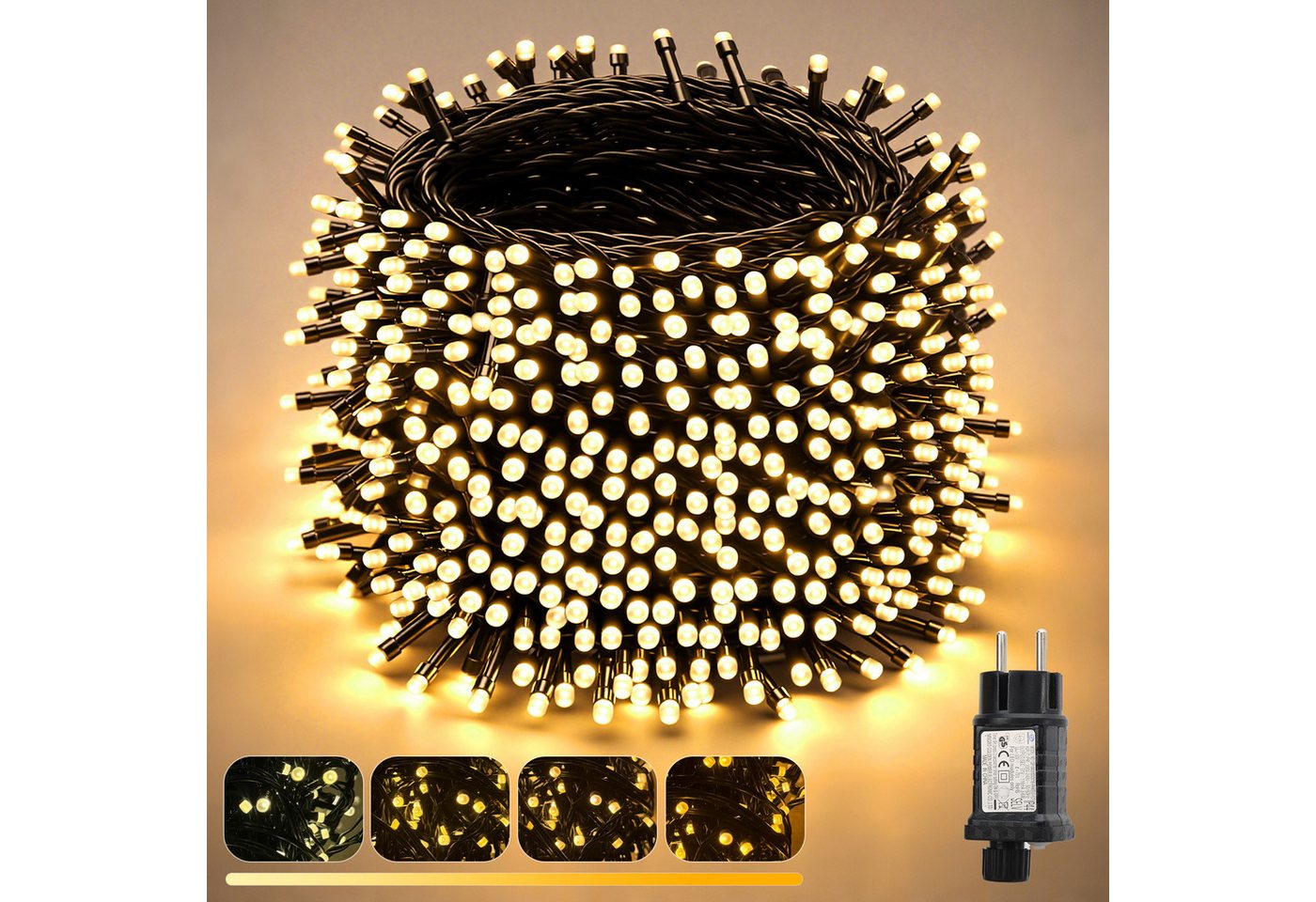 Salcar LED-Lichterkette LED Lichterkette Außen Weihnachtsbeleuchtung Weihnachtsdeko Warmweiß, 10m 150er LED, 9 Modi, Warmweiß bis Gelb(2800K-1800K) Dimmbar Bild 4