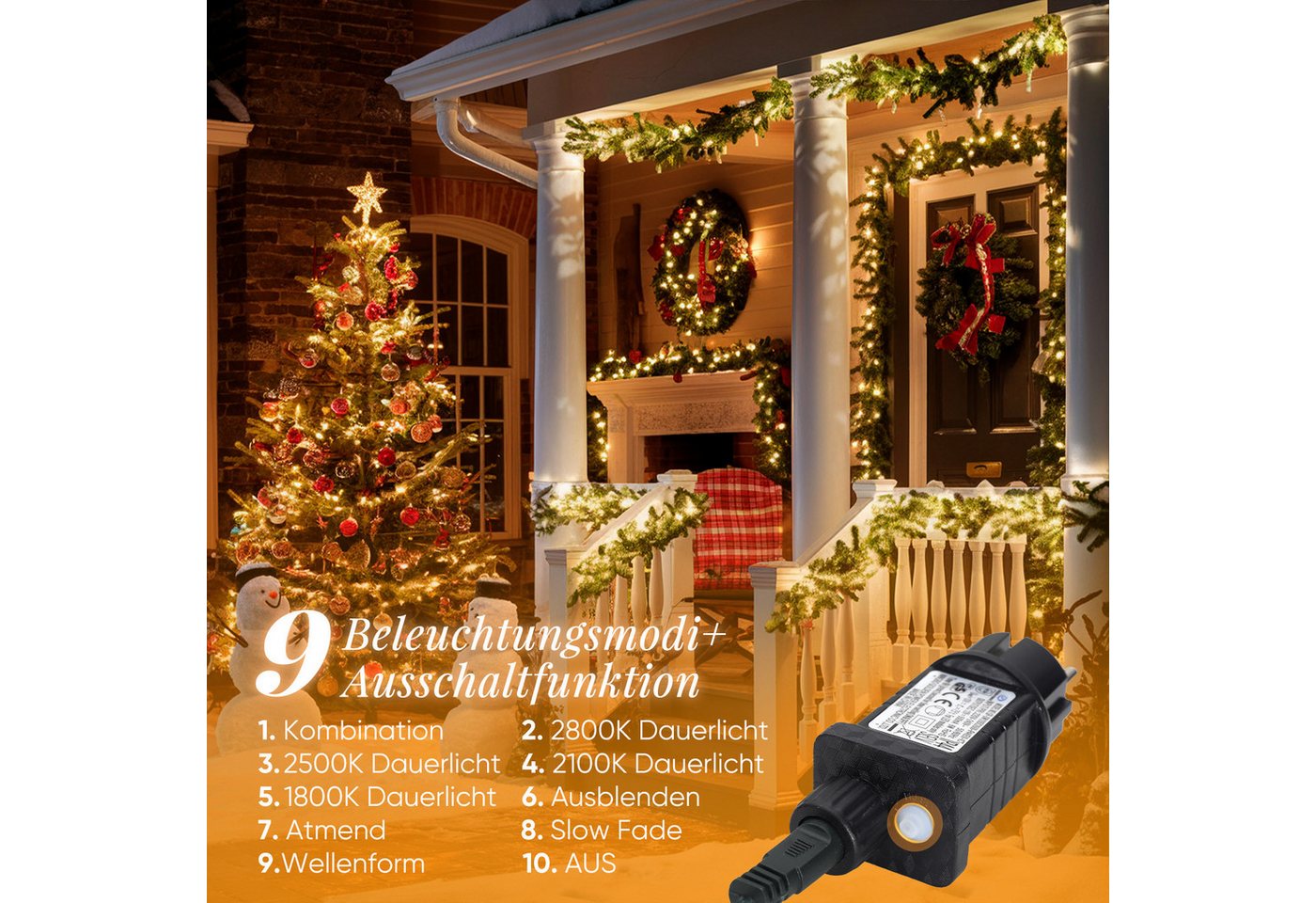 Salcar LED-Lichterkette LED Lichterkette Außen Weihnachtsbeleuchtung Weihnachtsdeko Warmweiß, 10m 150er LED, 9 Modi, Warmweiß bis Gelb(2800K-1800K) Dimmbar Bild 5