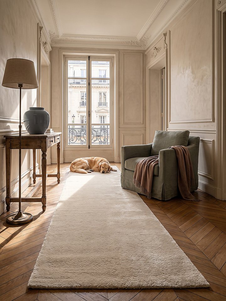 KADIMA DESIGN Teppich ALDAN Teppichläufer Beige 60x110 Uni Polyester Antirutsch Wohnraum, Läufer, Höhe: 17 mm, Trittschalldämmend, Strapazierfähig, Farbecht, Pflegeleicht