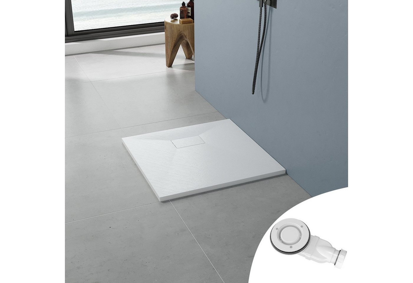 AQUALAVOS Duschwanne Duschwanne weiß Brausewanne mit Ablaufgarnitur Steinoptik Antirutsch, quadratisch, Sheet-Molding-Compound(SMC), 80/100/120/140cm, Ablaufloch ∅ 90 mm, Zuschneidbar, Leicht zu reinigen Bild 2