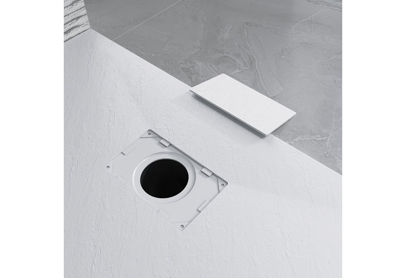 AQUALAVOS Duschwanne Duschwanne weiß Brausewanne mit Ablaufgarnitur Steinoptik Antirutsch, quadratisch, Sheet-Molding-Compound(SMC), 80/100/120/140cm, Ablaufloch ∅ 90 mm, Zuschneidbar, Leicht zu reinigen Bild 4