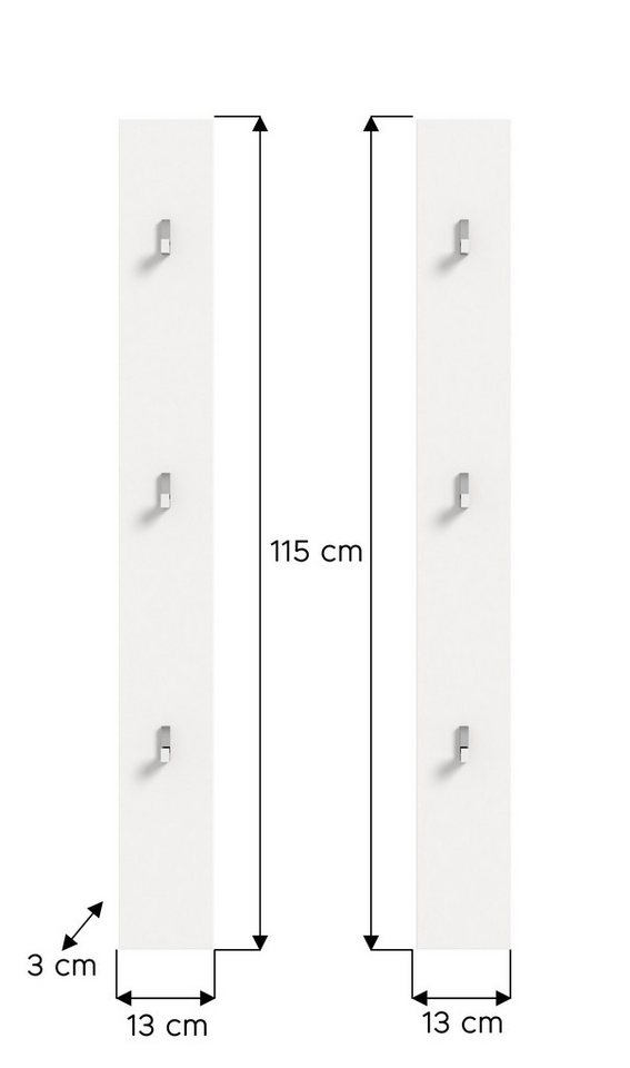 furnling Garderobenpaneel Professor (2er Set), je 3 Haken, ideal für den Flur, Höhe 115 cm, Hochglanz Front, weiß Bild 2