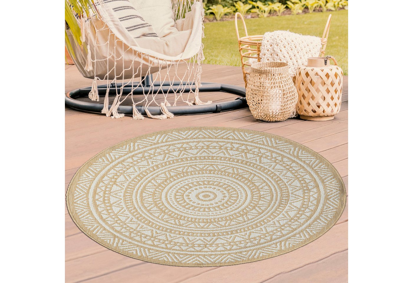 TeppichHome24 Outdoorteppich Runder Teppich mit Ethno-Muster in Beige und Weiß, siehe foto