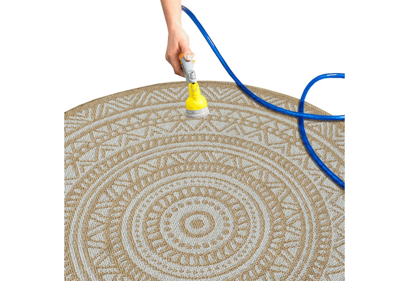 TeppichHome24 Outdoorteppich Runder Teppich mit Ethno-Muster in Beige und Weiß, siehe foto Bild 4