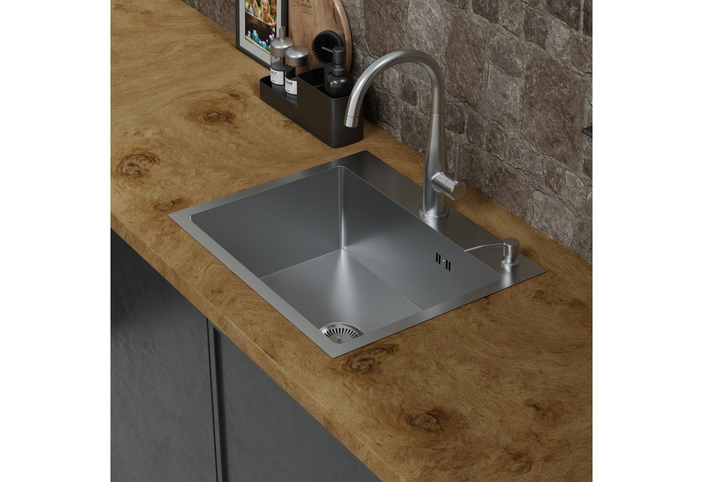 HAGO Edelstahlspüle Einbauspüle Edelstahl Küchenspüle Spülbecken Eckig Ablaufgarnitur Set, Rechteckig, 55/45 cm, (1 St), Schallschutzmatten