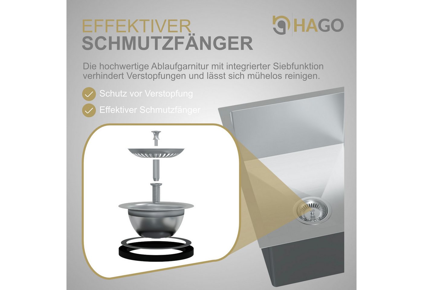HAGO Edelstahlspüle Einbauspüle Edelstahl Küchenspüle Spülbecken Eckig Ablaufgarnitur Set, Rechteckig, 55/45 cm, (1 St), Schallschutzmatten Bild 2