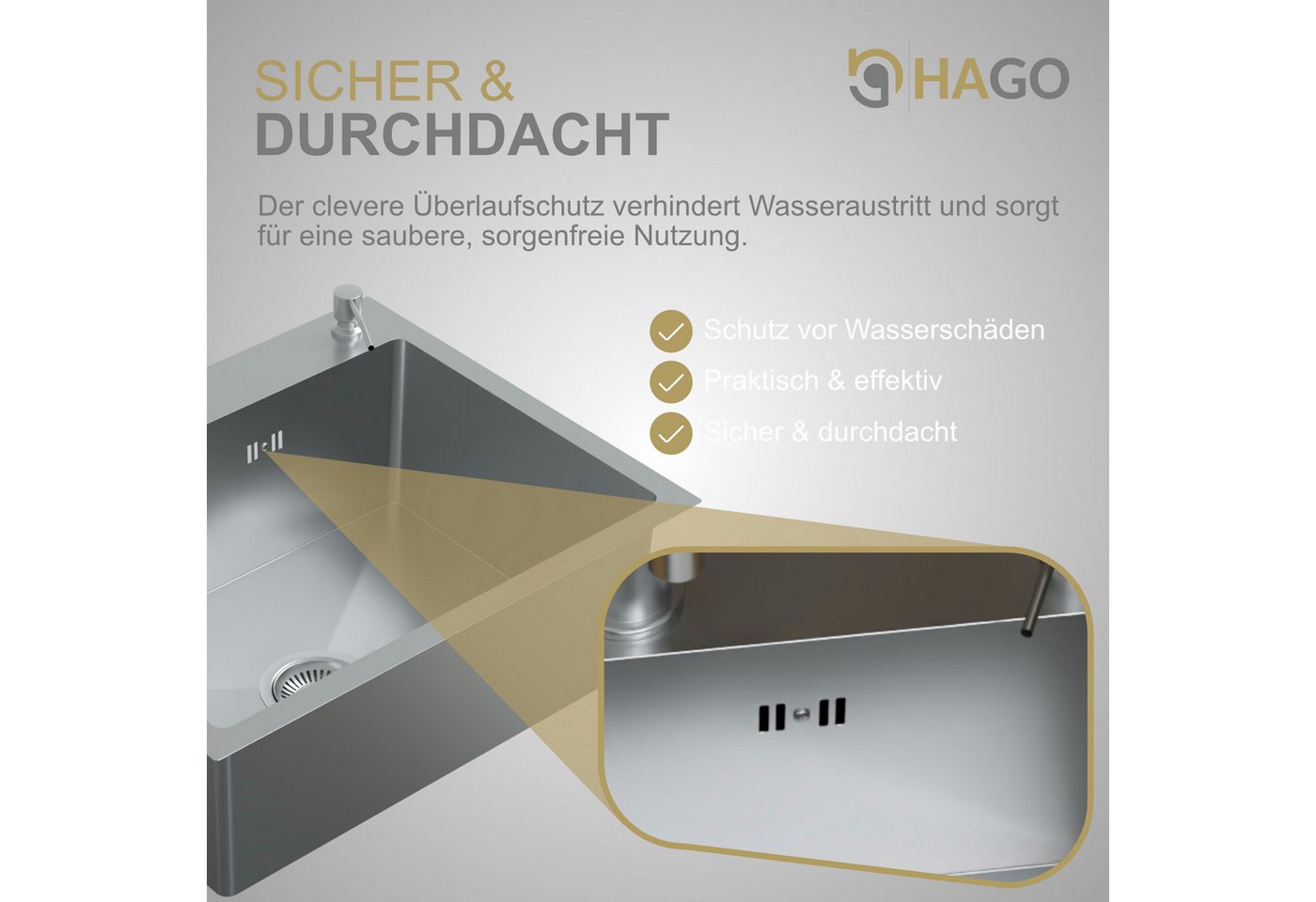 HAGO Edelstahlspüle Einbauspüle Edelstahl Küchenspüle Spülbecken Eckig Ablaufgarnitur Set, Rechteckig, 55/45 cm, (1 St), Schallschutzmatten Bild 5