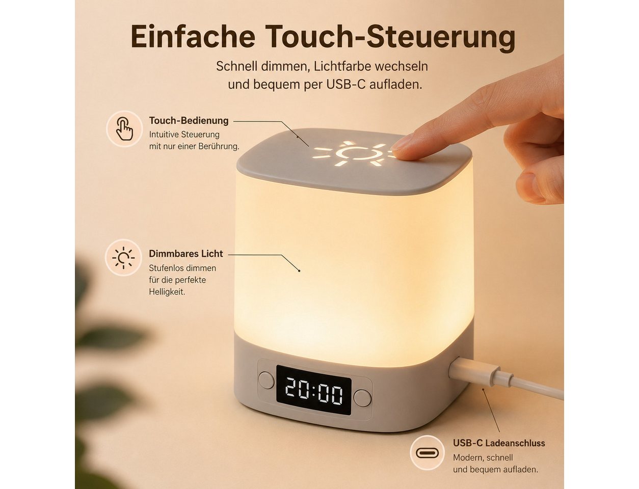 Fyrove Nachtlicht mit Uhr & Wecker, dimmbare Nachttischlampe mit Fernbedienung & Touch, 3 Lichtfarben, wiederaufladbare Stilllampe, Baby Nachtlicht, Stimmungslicht, 3 Lichtfarben, wiederaufladbare Stilllampe, Baby Nachtlicht, Stimmungslicht, Tischlampe,Kinderzimmerlampe,Geschenk zu Weihnachten & Geburtstag Bild 2
