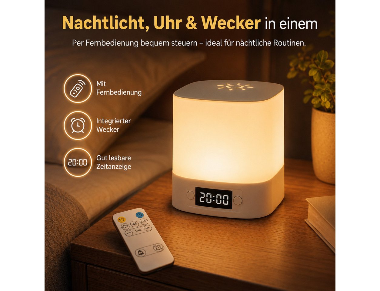 Fyrove Nachtlicht mit Uhr & Wecker, dimmbare Nachttischlampe mit Fernbedienung & Touch, 3 Lichtfarben, wiederaufladbare Stilllampe, Baby Nachtlicht, Stimmungslicht, 3 Lichtfarben, wiederaufladbare Stilllampe, Baby Nachtlicht, Stimmungslicht, Tischlampe,Kinderzimmerlampe,Geschenk zu Weihnachten & Geburtstag Bild 4