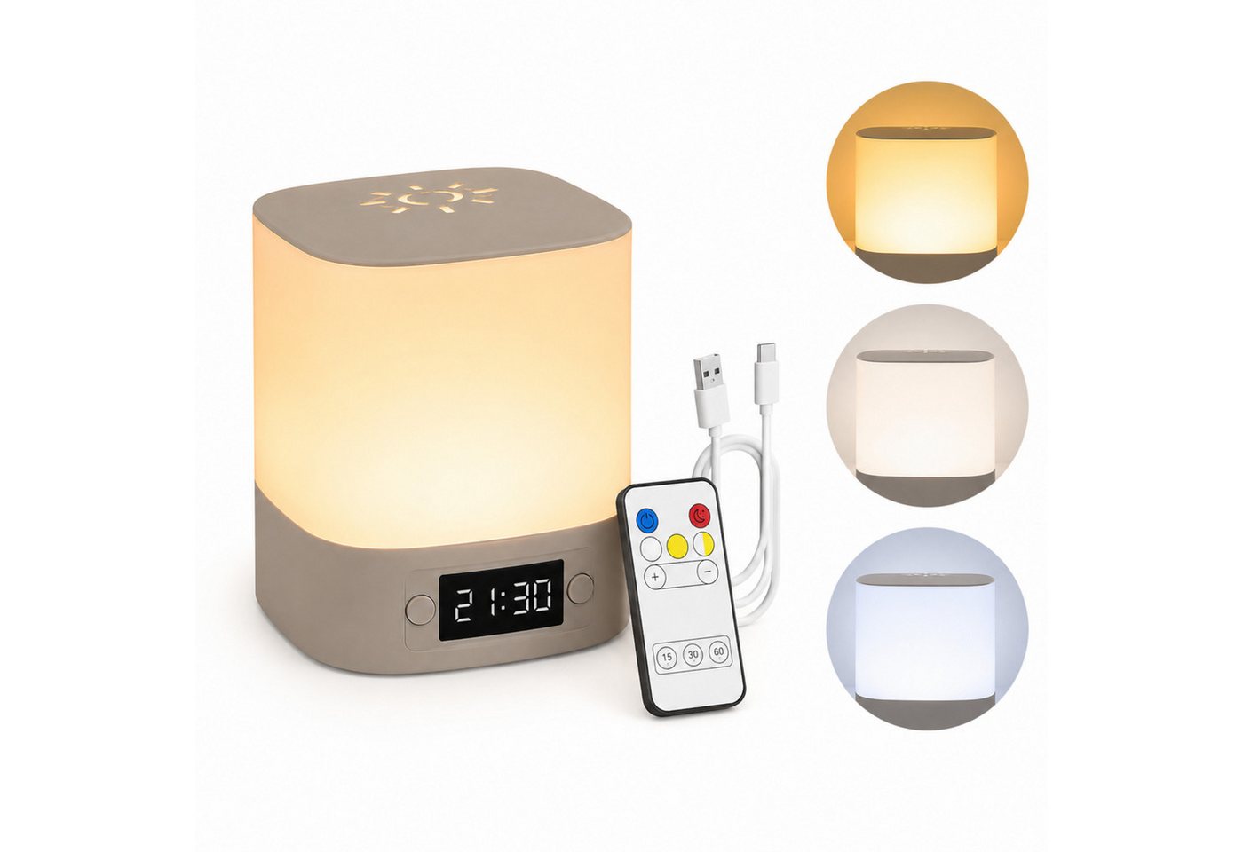 Fyrove Nachtlicht mit Uhr & Wecker, dimmbare Nachttischlampe mit Fernbedienung & Touch, 3 Lichtfarben, wiederaufladbare Stilllampe, Baby Nachtlicht, Stimmungslicht, 3 Lichtfarben, wiederaufladbare Stilllampe, Baby Nachtlicht, Stimmungslicht, Tischlampe,Kinderzimmerlampe,Geschenk zu Weihnachten & Geburtstag Bild 5