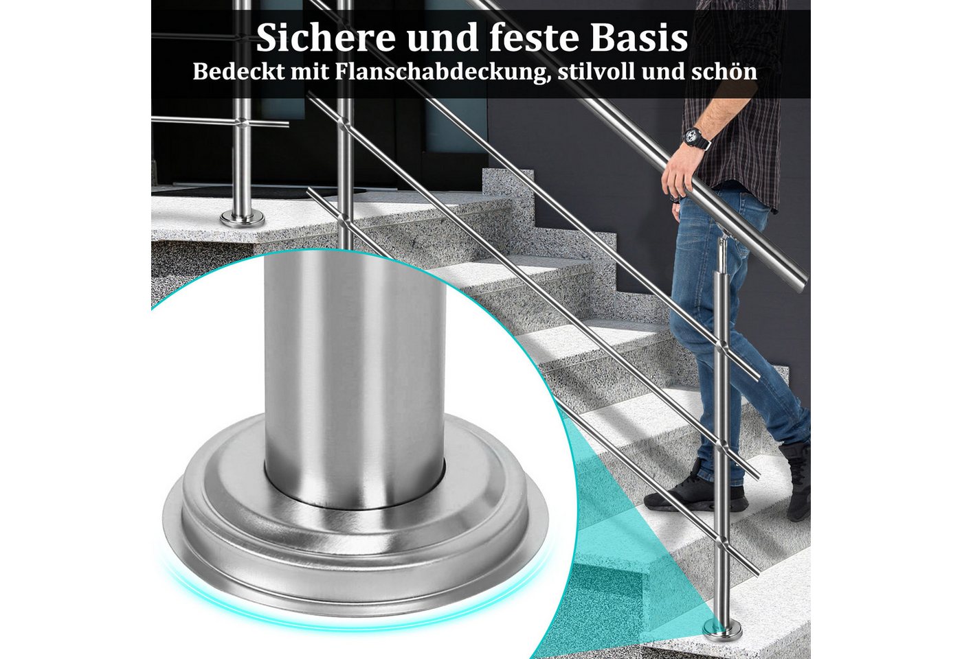 FIVMEN Treppengeländer Handlauf Edelstahl Geländer mit 2 Pfosten Brüstungsgeländer, 150 cm Länge, 2-tlg., für Treppen, Brüstung, Balkon