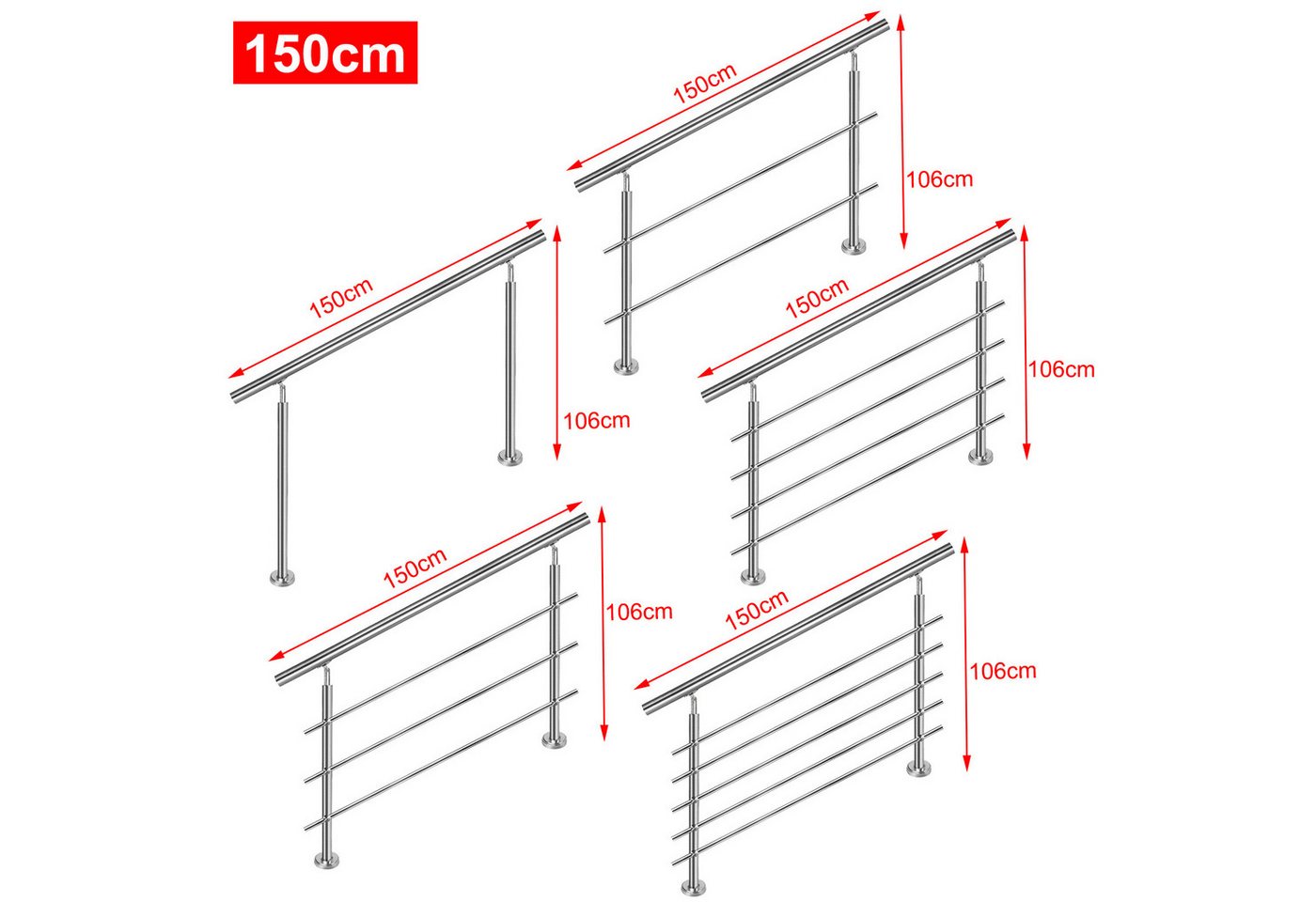 FIVMEN Treppengeländer Handlauf Edelstahl Geländer mit 2 Pfosten Brüstungsgeländer, 150 cm Länge, 2-tlg., für Treppen, Brüstung, Balkon Bild 2