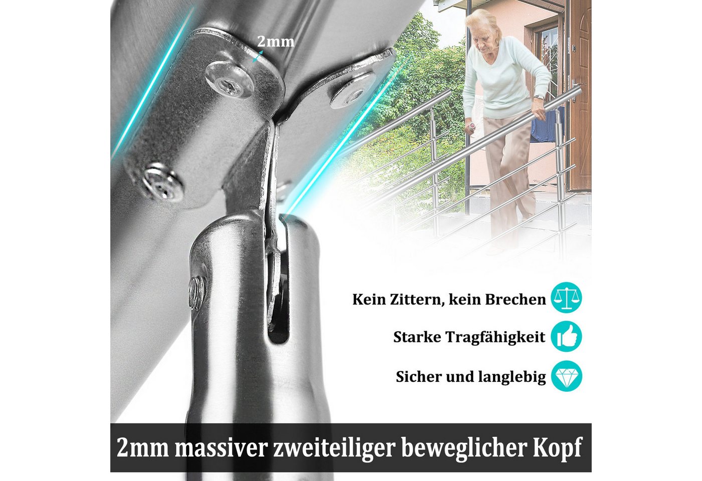 FIVMEN Treppengeländer Handlauf Edelstahl Geländer mit 2 Pfosten Brüstungsgeländer, 150 cm Länge, 2-tlg., für Treppen, Brüstung, Balkon Bild 3