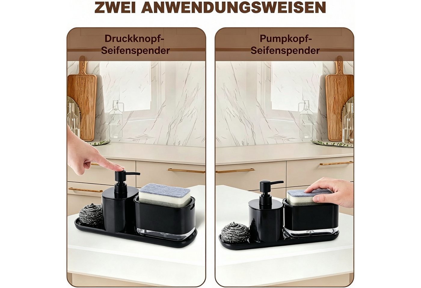 Fyrove Seifenspender Spüle-Set mit Stand-Seifenspender, Beckenhalter & Schwammhalter, Multifunktional mit Seifenpumpe,Robuster ABS/Edelstahl