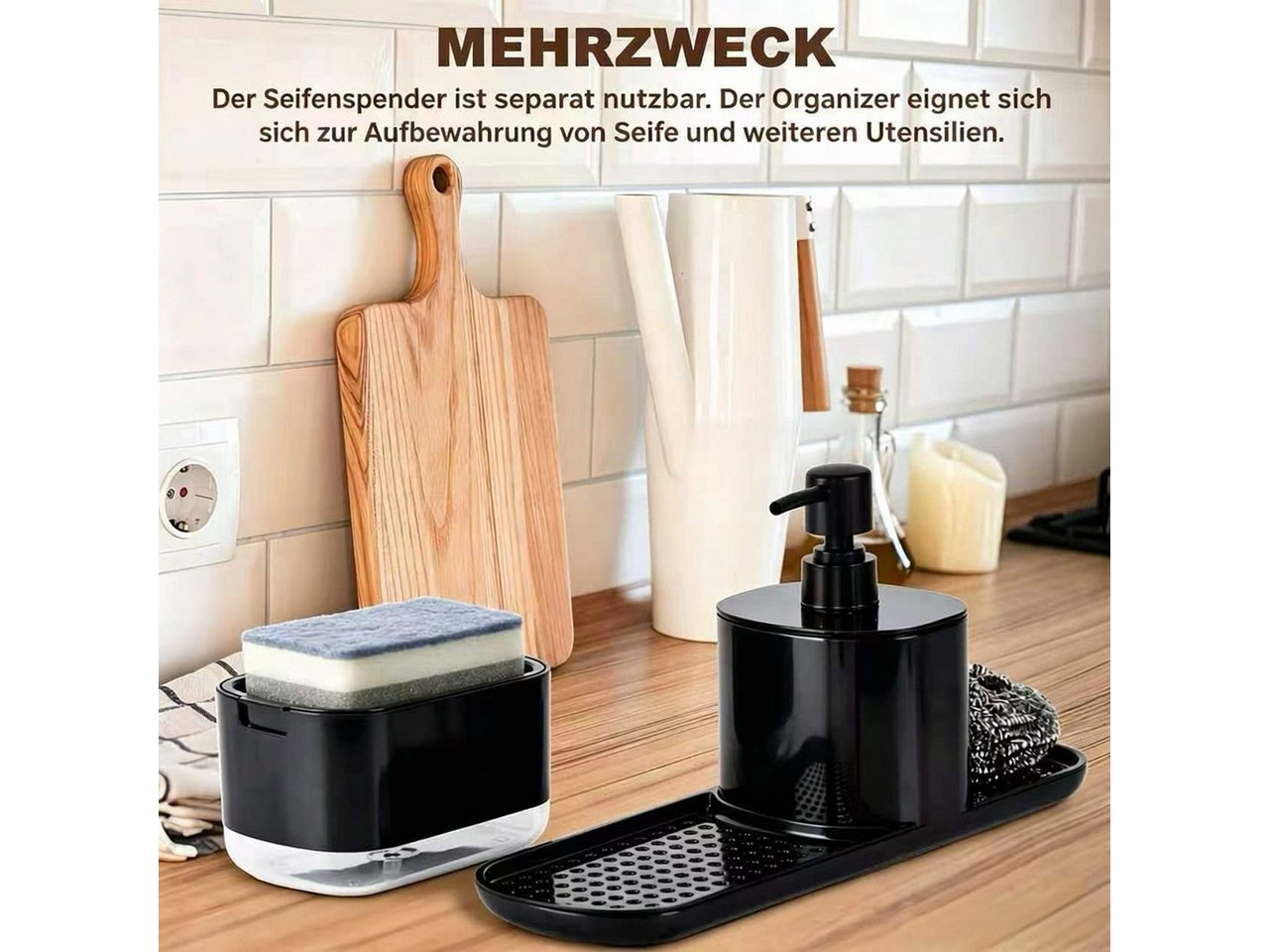 Fyrove Seifenspender Spüle-Set mit Stand-Seifenspender, Beckenhalter & Schwammhalter, Multifunktional mit Seifenpumpe,Robuster ABS/Edelstahl Bild 3