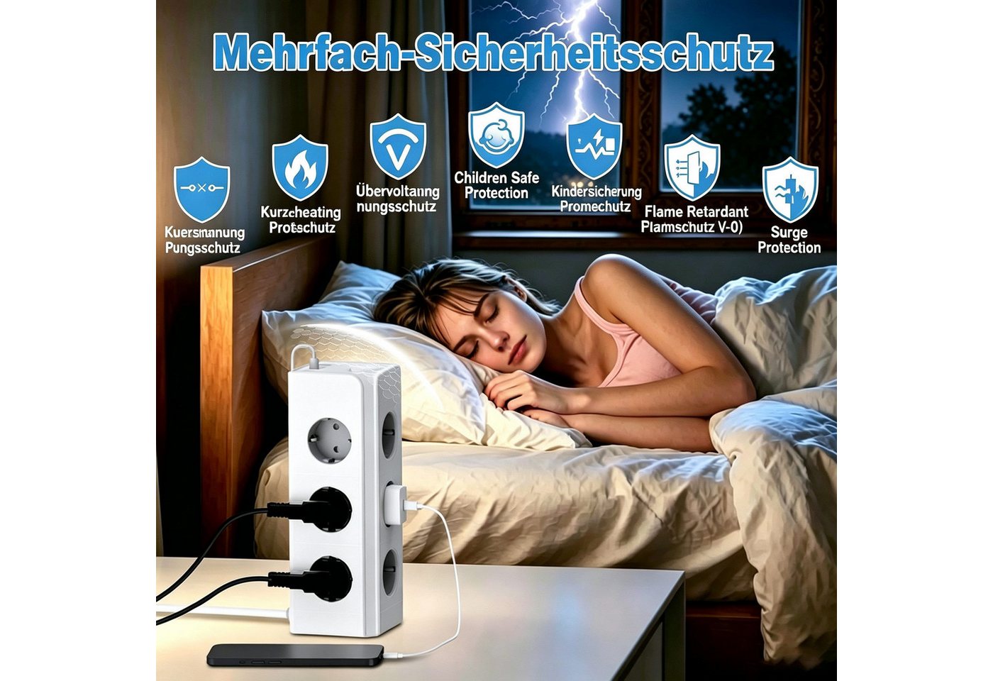 Fyrove 12 Fach Mehrfachsteckdose mit 2 USB-C und 2 USB-A Mehrfachstecker Mehrfachsteckdose 12-fach (Ein-/Ausschalter, USB-Anschlüsse, Schutzkontaktstecker, Überspannungsschutz, Schutzkontaktkupplung), Mehrfachsteckdose mit überspannungsschutz, Kabellänge 2 m