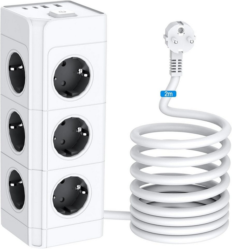 Fyrove 12 Fach Mehrfachsteckdose mit 2 USB-C und 2 USB-A Mehrfachstecker Mehrfachsteckdose 12-fach (Ein-/Ausschalter, USB-Anschlüsse, Schutzkontaktstecker, Überspannungsschutz, Schutzkontaktkupplung), Mehrfachsteckdose mit überspannungsschutz, Kabellänge 2 m Bild 3