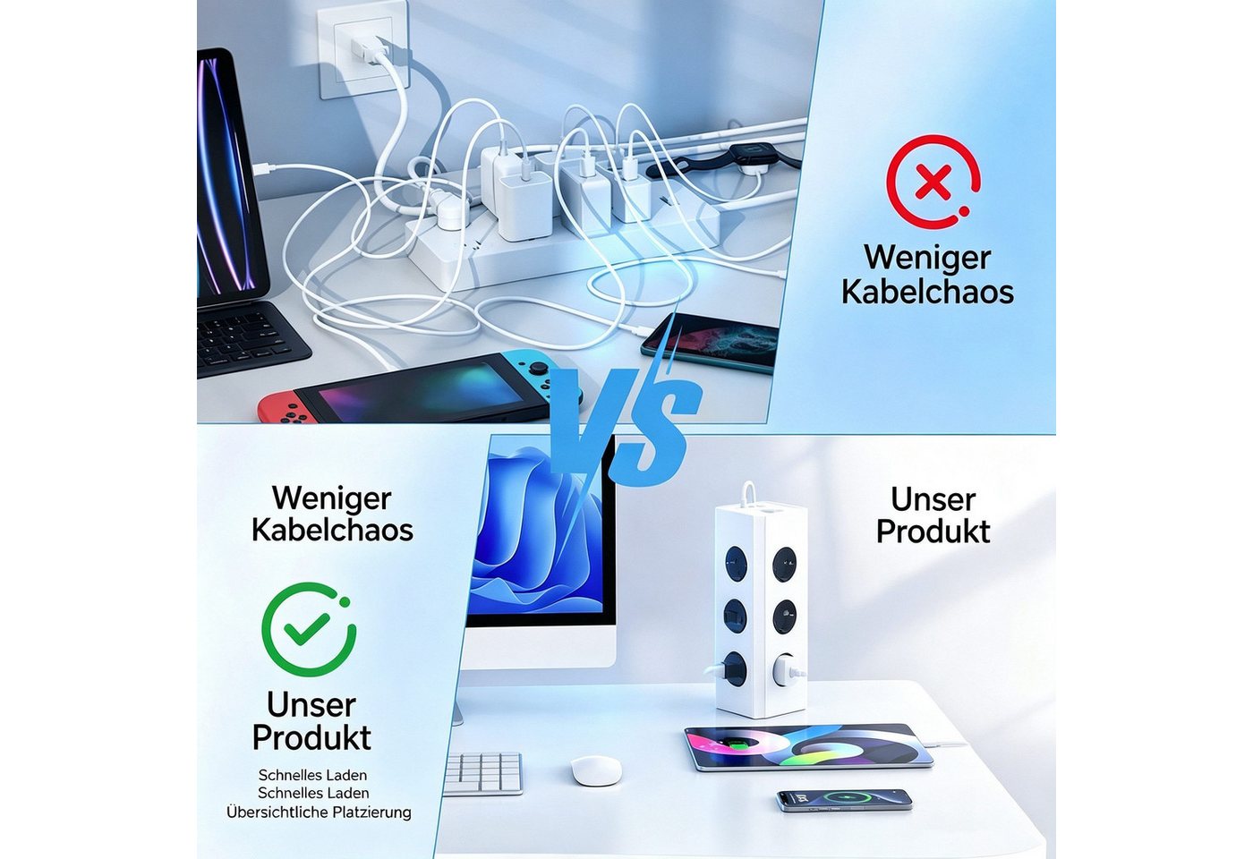 Fyrove 12 Fach Mehrfachsteckdose mit 2 USB-C und 2 USB-A Mehrfachstecker Mehrfachsteckdose 12-fach (Ein-/Ausschalter, USB-Anschlüsse, Schutzkontaktstecker, Überspannungsschutz, Schutzkontaktkupplung), Mehrfachsteckdose mit überspannungsschutz, Kabellänge 2 m Bild 4