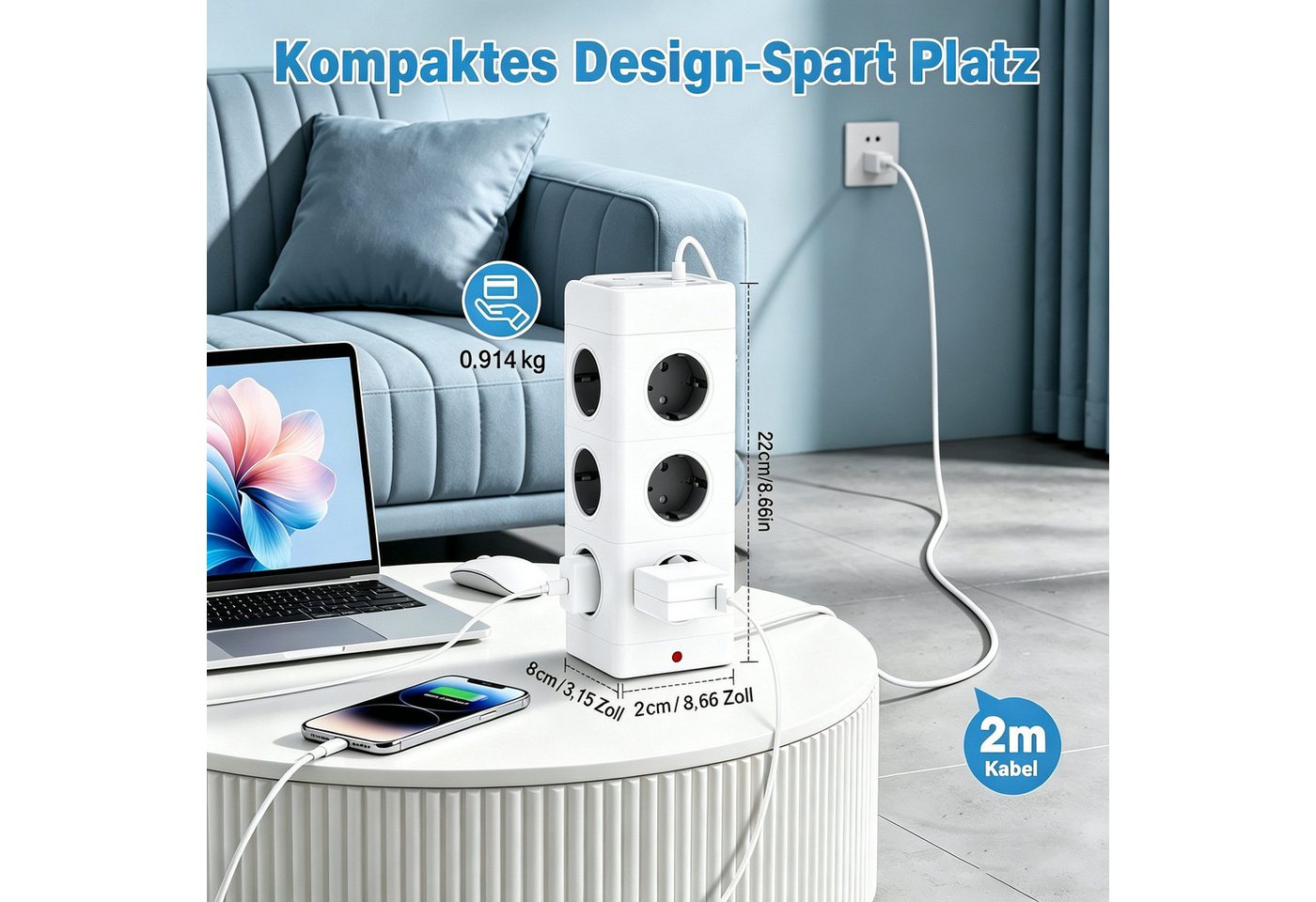 Fyrove 12 Fach Mehrfachsteckdose mit 2 USB-C und 2 USB-A Mehrfachstecker Mehrfachsteckdose 12-fach (Ein-/Ausschalter, USB-Anschlüsse, Schutzkontaktstecker, Überspannungsschutz, Schutzkontaktkupplung), Mehrfachsteckdose mit überspannungsschutz, Kabellänge 2 m Bild 5