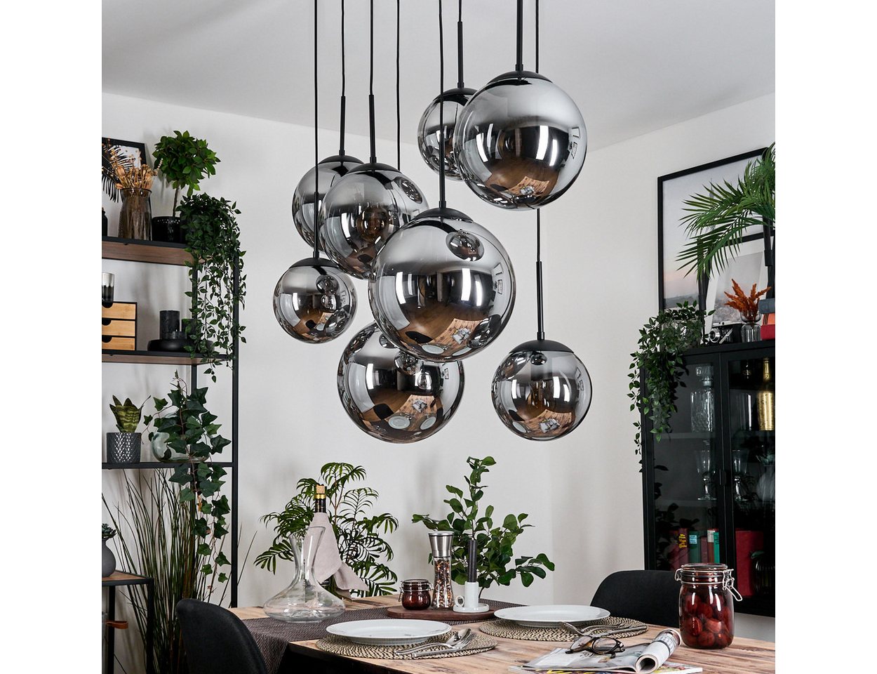 hofstein Hängeleuchte Hängelampe aus Metall/Glas in Schwarz/Rauchfarben, 8 x E27, ohne Leuchtmittel, Hängeleuchte im Retro/Vintage-Design (20, 25, 30 cm), max. 130cm