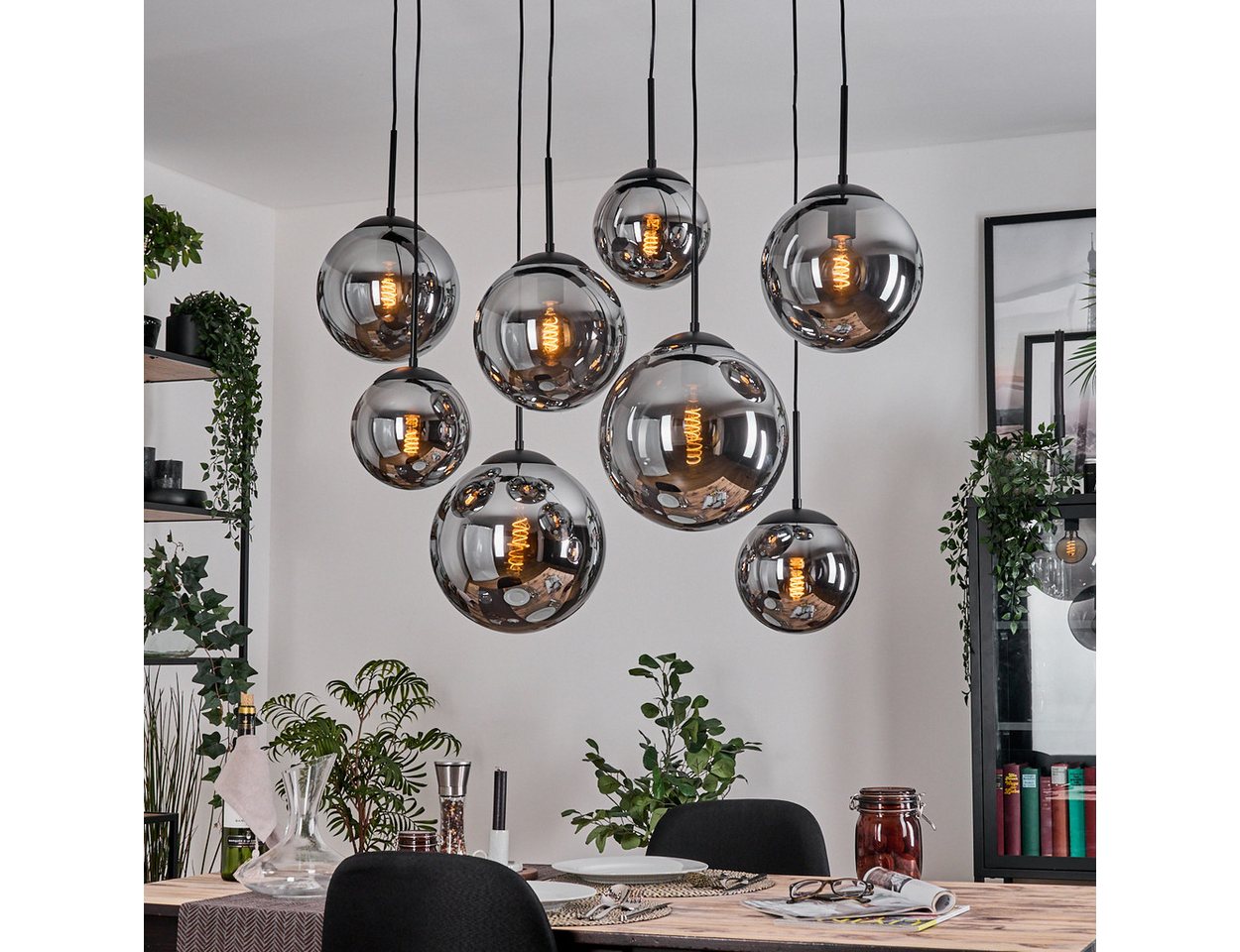 hofstein Hängeleuchte Hängelampe aus Metall/Glas in Schwarz/Rauchfarben, 8 x E27, ohne Leuchtmittel, Hängeleuchte im Retro/Vintage-Design (20, 25, 30 cm), max. 130cm Bild 2