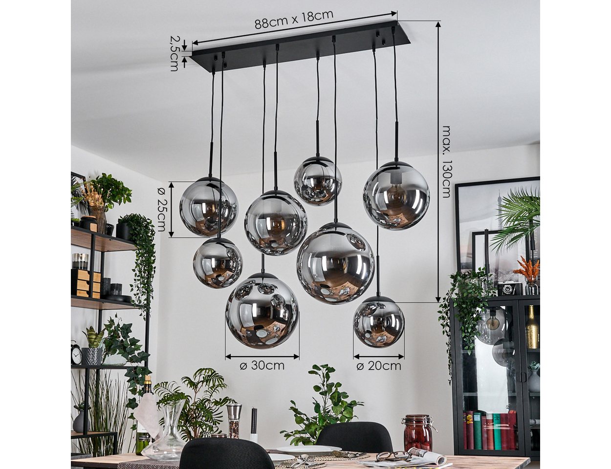 hofstein Hängeleuchte Hängelampe aus Metall/Glas in Schwarz/Rauchfarben, 8 x E27, ohne Leuchtmittel, Hängeleuchte im Retro/Vintage-Design (20, 25, 30 cm), max. 130cm Bild 5