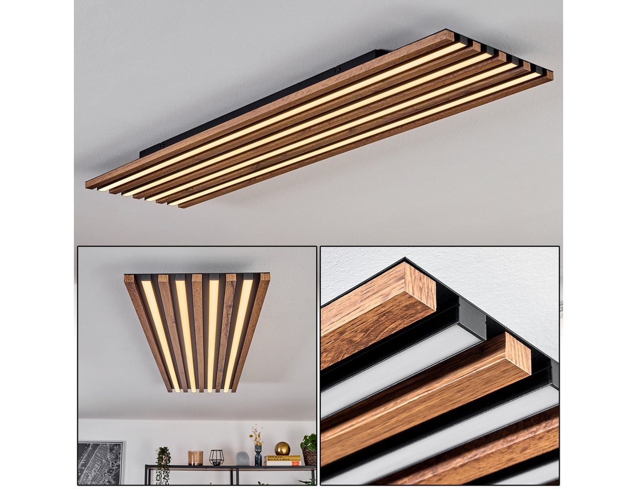 hofstein Deckenleuchte Deckenpanel aus Metall/MDF/Kunststoff in Schwarz/Holzoptik/Weiß, 40 Watt, 3000 Kelvin, Deckenlampe für Schlafzimmer, Esszimmer, Küche Bild 2