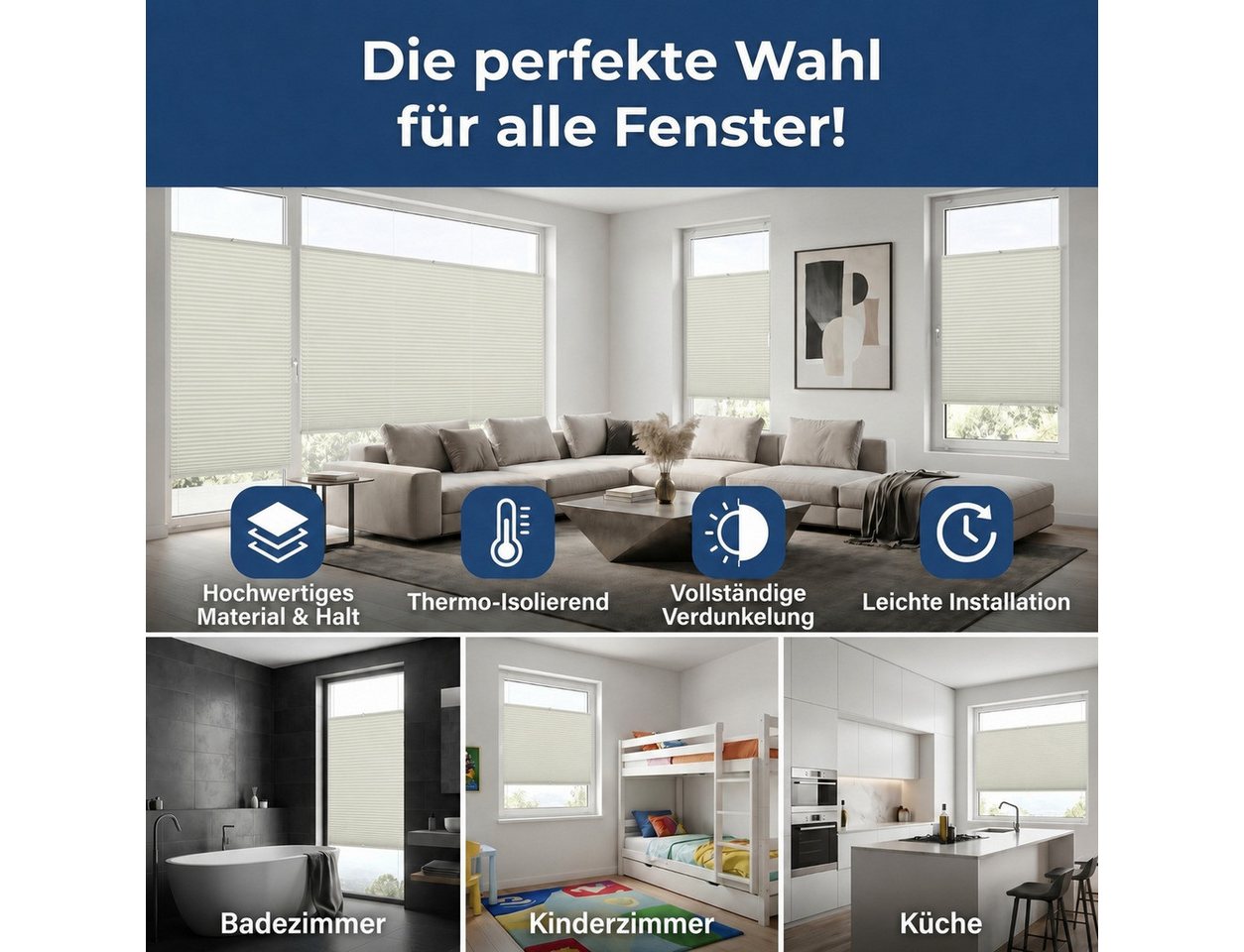 Rikmani Plissee Thermo Fensterplissee ohne Bohren, Naturweiß, 40x120, verdunkelnd, Klemmfix, Langlebige Premium-Qualität, Thermo Plissee