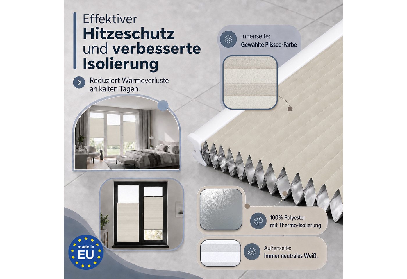 Rikmani Plissee Thermo Fensterplissee ohne Bohren, Champagner, 40x130, verdunkelnd, Klemmfix, Langlebige Premium-Qualität, Thermo Plissee Bild 3