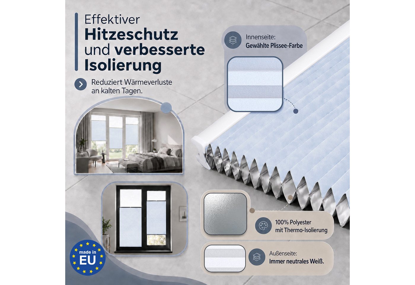Rikmani Plissee Thermo Fensterplissee ohne Bohren, Weiß, 40x120, verdunkelnd, Klemmfix, Langlebige Premium-Qualität, Thermo Plissee Bild 5