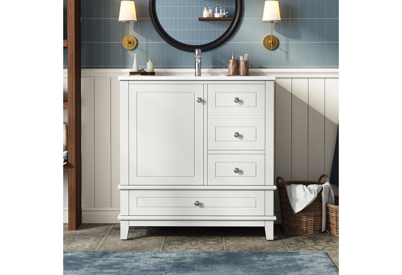 Flieks Waschtisch mit 3 Schubladen und Türregal, Waschbeckenunterschrank mit Waschbecken (B81/T47/H86 cm, 1-St., bodenstehend), Badezimmerschrank mit Keramikbecken, Soft-Close-Funktion Weiß