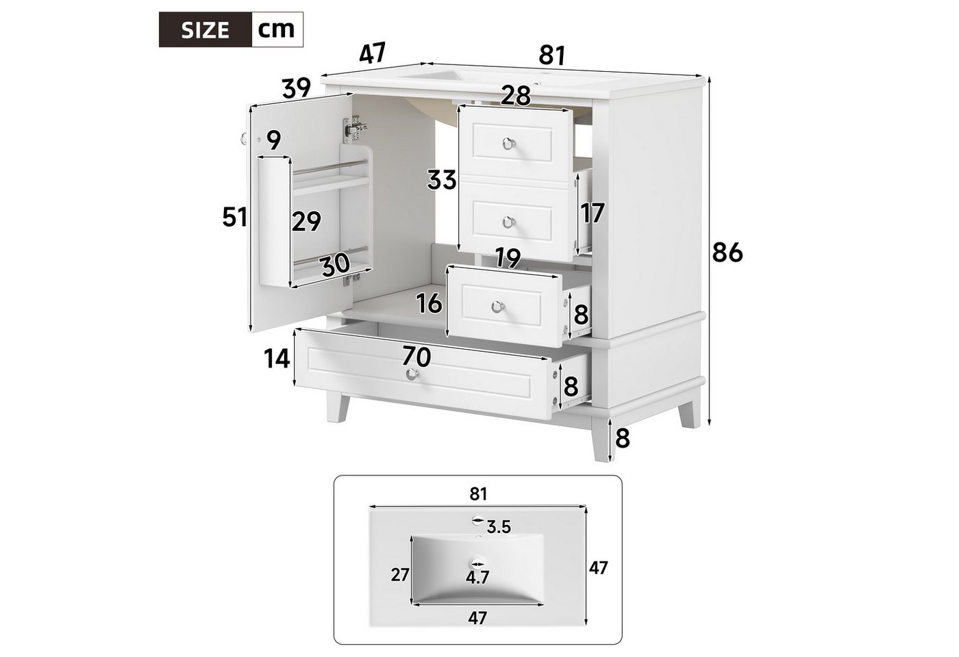 Flieks Waschtisch mit 3 Schubladen und Türregal, Waschbeckenunterschrank mit Waschbecken (B81/T47/H86 cm, 1-St., bodenstehend), Badezimmerschrank mit Keramikbecken, Soft-Close-Funktion Weiß Bild 2