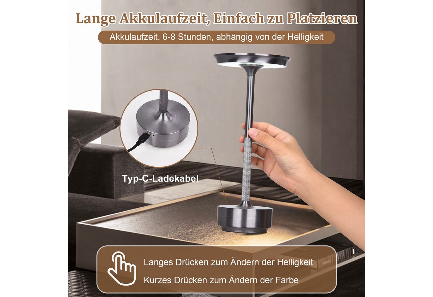 Lapamax LED Tischleuchte Akku Tischleuchte, 3 Lichtfarben, Dimmable, LED, 3 Lichtfarben, Kabellose Nachttischlampe für Wohnraum, Schlafzimmer und Esstisch