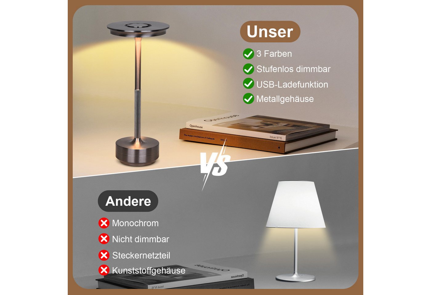 Lapamax LED Tischleuchte Akku Tischleuchte, 3 Lichtfarben, Dimmable, LED, 3 Lichtfarben, Kabellose Nachttischlampe für Wohnraum, Schlafzimmer und Esstisch Bild 2